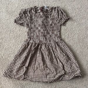 RIHOAS Brown Gingham Smocked Mini Dress with Ruffle Sleeves